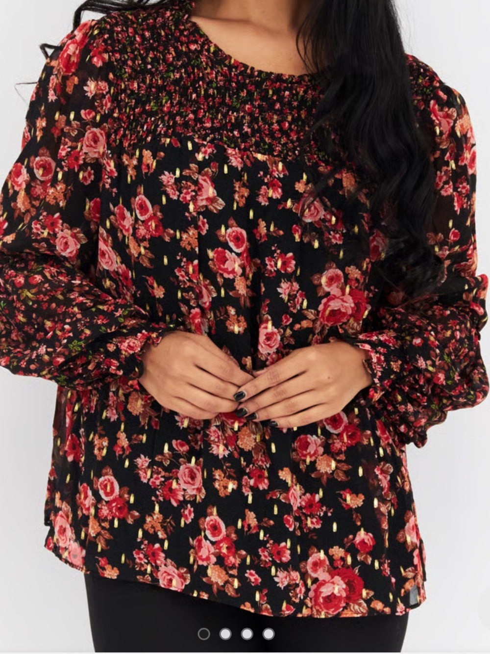 CeCe blouse rose print long sleeve smock metallic thread size M